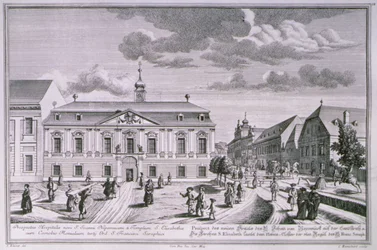 Ansicht des neuen Krankenhauses St. Johannes Nepomuk, Wien, graviert von Karl Remshard (1678-1735)